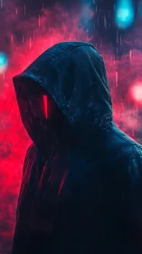 Hooded cyber silhouette in neon rain with red visor glow.