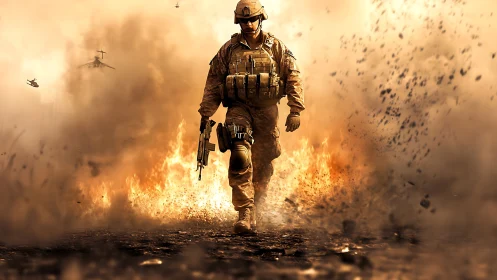 Battle-ready soldier strides through inferno blast field.
