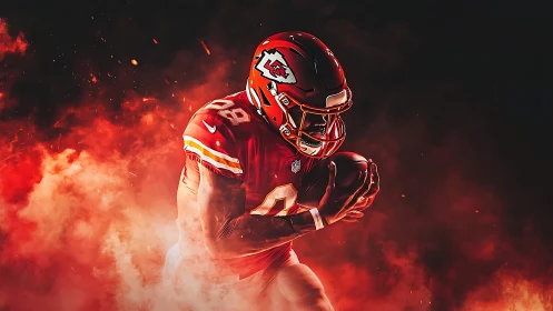 American football player carries ball through red smoke