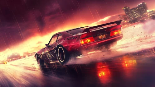 Red muscle car drifting on wet city highway at night.