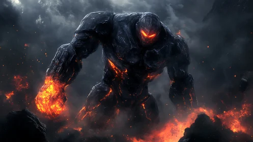 Molten rock giant strides through fire and dense volcanic smoke