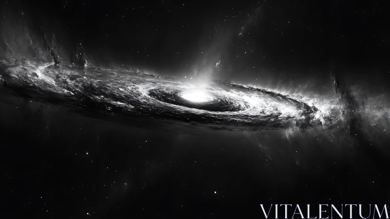 Spiral galaxy orbits luminous core in monochrome deep space