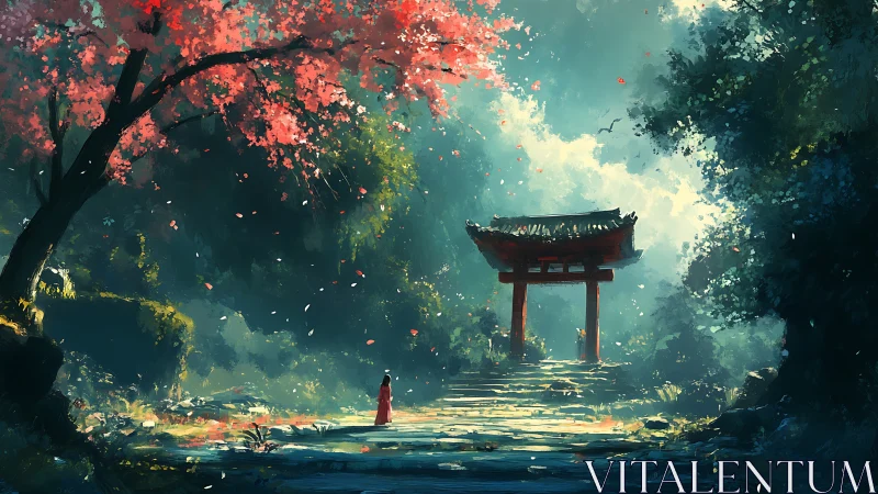 Red torii gate in misty forest under vivid cherry tree.