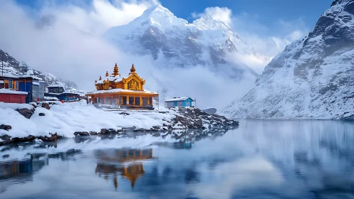 Golden Himalayan temple reflected in glacial alpine lake