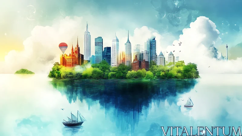 Floating City Island Above Water With Clouds.