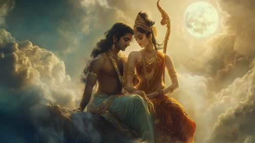 Moonlit divine couple share a quiet moment among clouds