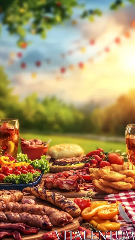 Sunlit summer picnic table loaded with grilled feast.