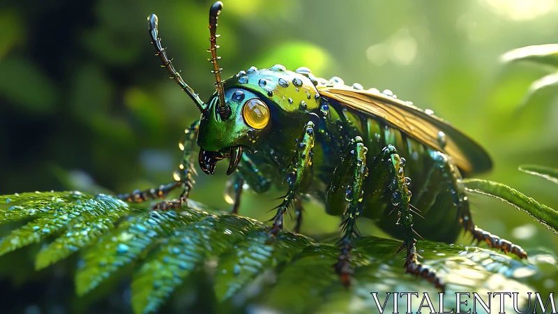Jewelled beetle explorer resting on a sunlit fern leaf.