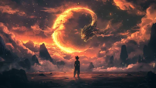 Human silhouette observes fiery circular dragon in clouded sky