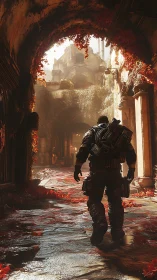 Digital painting of armored soldier in decayed vaulted arcade.