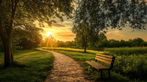 Golden sunset path curving past empty park bench.