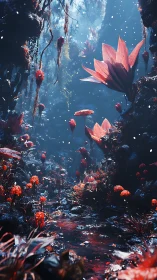 Crimson forest stream hums softly beneath bioluminescent snow