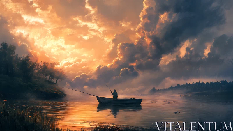 Solitary angler under volumetric sunset cloud architecture.