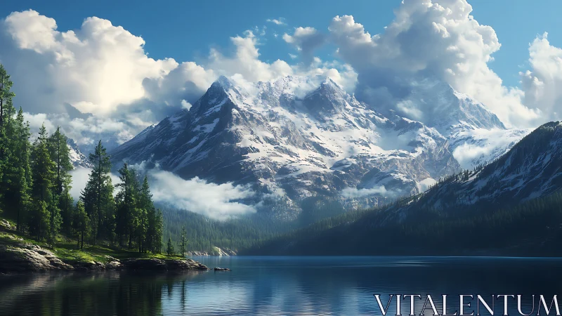 Snowy mountain lake wrapped in soft clouds and pine forest.