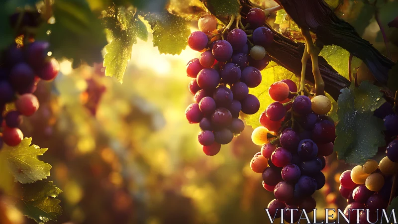 Sunlit grape clusters glow warmly on a peaceful vineyard vine