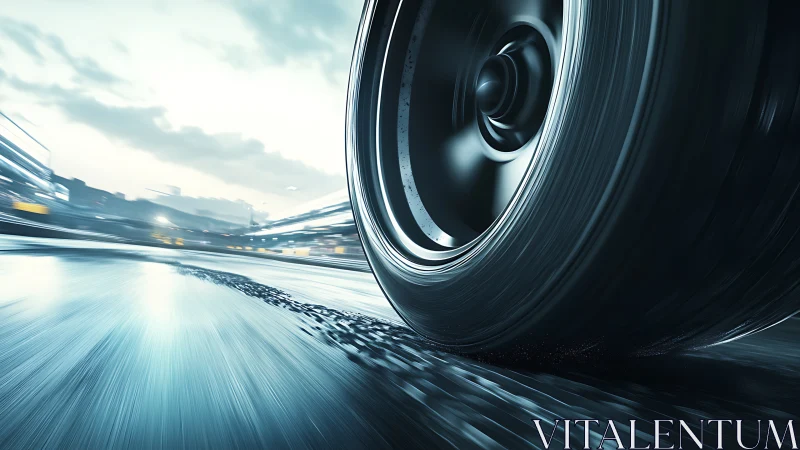 Closeup racing tire on wet asphalt track at high speed.