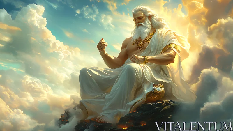 Regal sky god seated on clouds in radiant light.