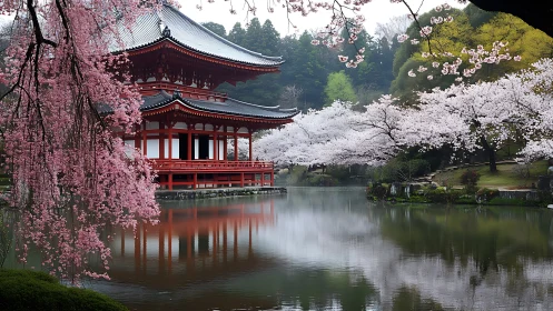 Photorealistic lakeside pagoda under peak cherry blossom canopy.