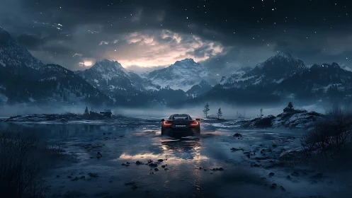 Twilight sports car glides toward calm snowlit mountain peaks
