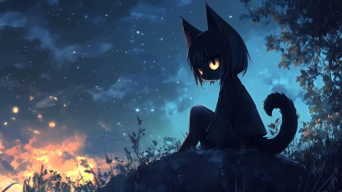 Cat-eared anime child sitting under starry twilight sky.
