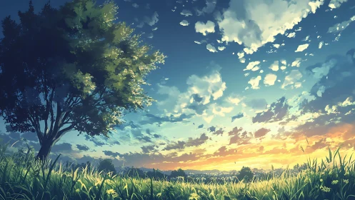 Lone tree on grassy field under wide sunset sky.