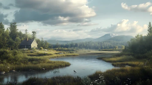 Lakeside forest cabin under soft clouds and distant mountains.