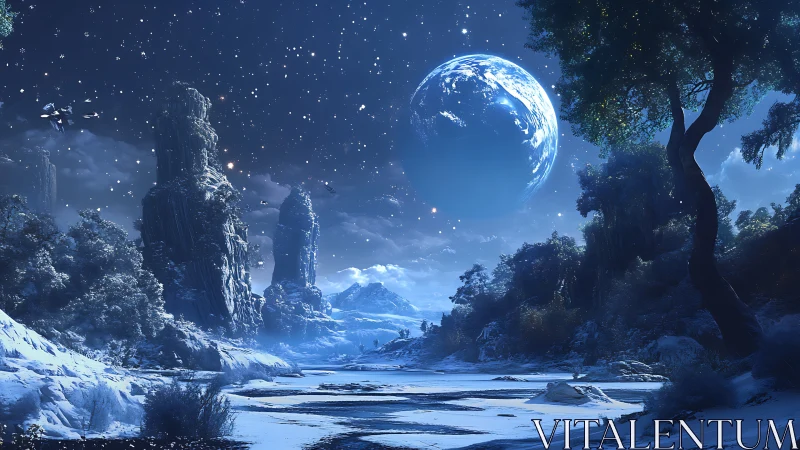 Moonlit alien river valley under a crystalline blue world.