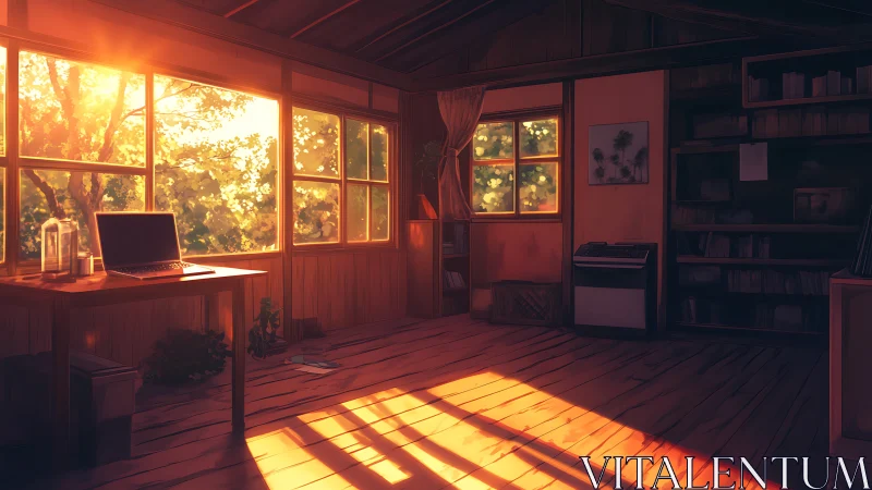 Sunlit wooden study glows with warm afternoon serenity.
