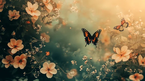 Butterflies above pale flowers in softly lit garden space.