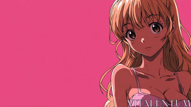 Blonde anime girl in pink top on solid pink background.