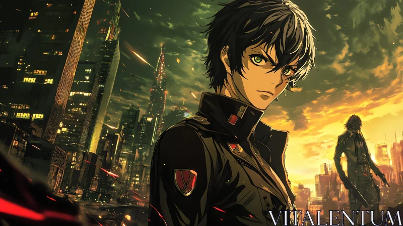 Fiery eyed hero stands strong above a restless neon city