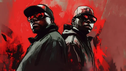 Twin hip-hop figures stand in stylized red and black portrait