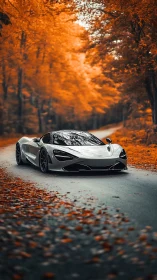 White supercar on winding forest road in vivid autumn hues.