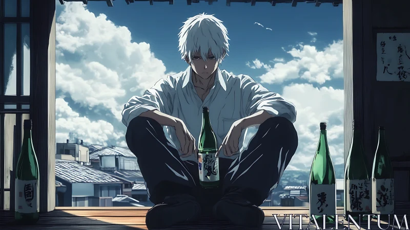 White-haired loner on veranda with sake bottles and stormy sky.