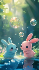 Playful pastel bunnies beneath sunlit forest bubbles.