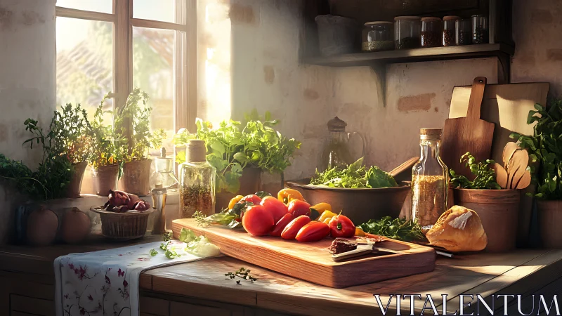 Rustic sunlit kitchen with fresh vegetables and herbs on counter.