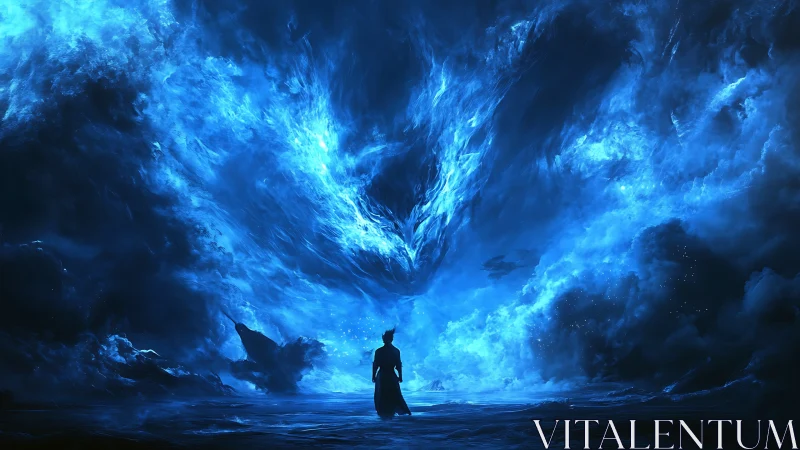 Silhouetted figure studies turbulent luminescent blue nebular vortex