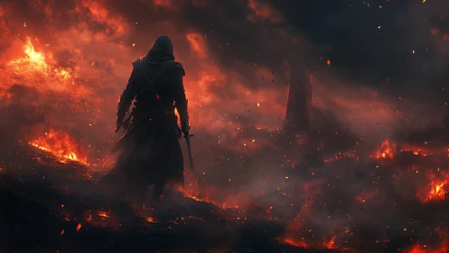 Hooded warrior stands over burning volcanic battlefield