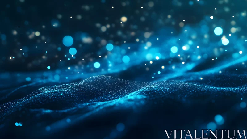 Abstract blue glowing particles landscape with bokeh lights, digital art.