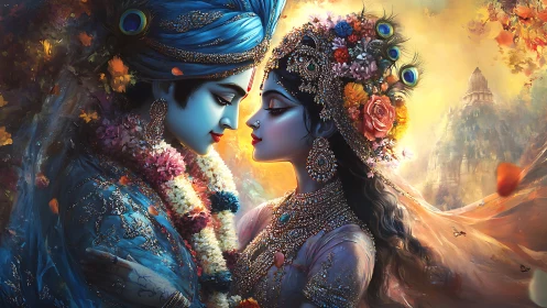 Divine lovers share a radiant, intimate moment at dusk