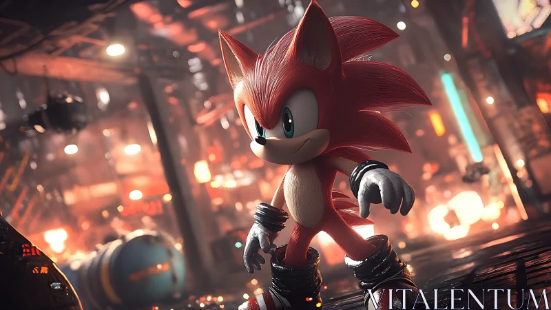 Red spiked cartoon hedgehog in industrial city setting.