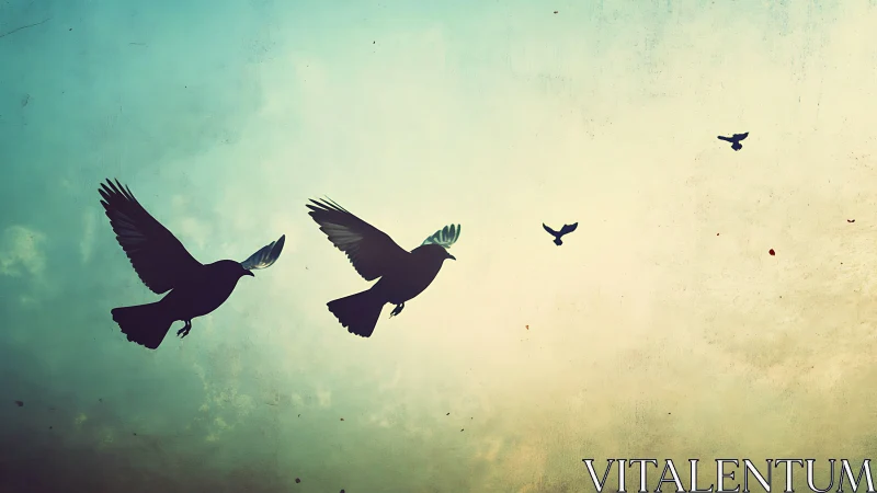 Silhouetted birds gliding across textured pastel skyscape.
