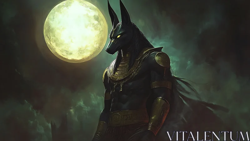 Digital painting of Anubis under luminous full moon sky.