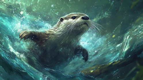 River otter charges through teal rapids like a tiny sea titan