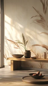 Sunlit minimal zen table beneath whispering leaf mural.