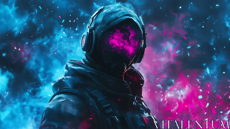 Cyberpunk astral operative in neon bicolor vapor field.