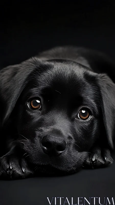 Soft-eyed black puppy resting quietly in velvety darkness.