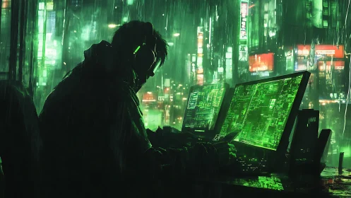 Rain-soaked neon hacker weaving code in emerald shadows.