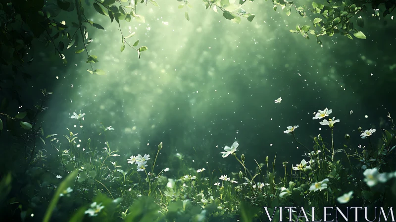 Luminous forest glade with white wildflowers and drifting pollen.