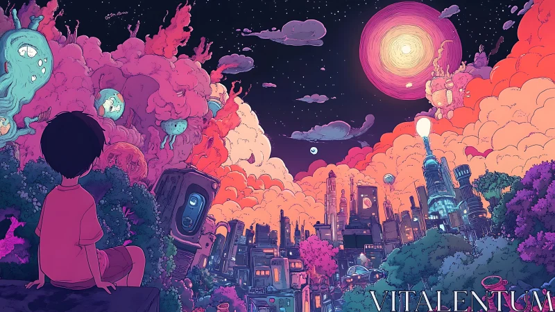 Child observes neon-lit sci fi city under surreal cosmic sky